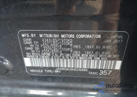 2017 Mitsubishi Outlander Sport 2.0 Es/2.0 Le из США, поврежденный, VIN JA4AR3AU0HZ032882